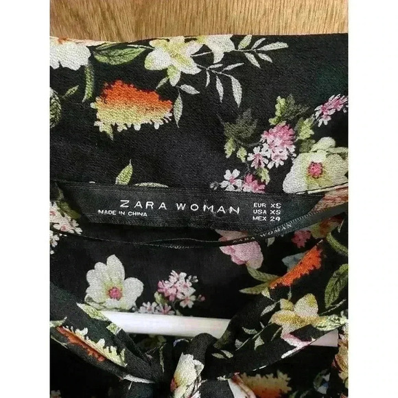 ZARA BLACK FLORAL SEMI SHEER CHIFFON TUNIC RUFFLE LAYERS DRESS MOCK NECK SIZE XS - Picture 5 of 14